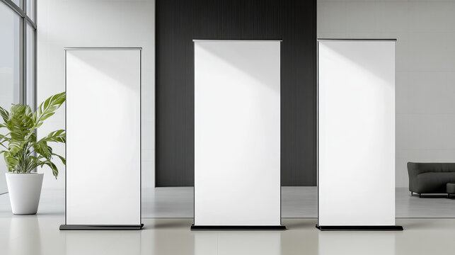 Advertising and promo white empty information booth stand or roll up board. Realistic vector illustration set of blank portable vertical pullup info banner mockup for ad and product presentation.