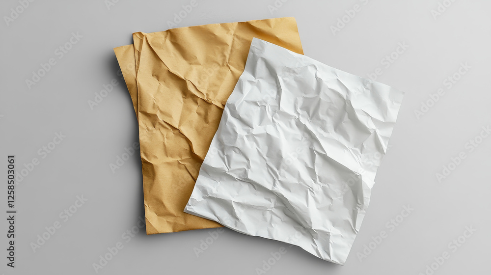 Poster folded blank paper sheets top view. vector realistic mockup of white and kraft paper with crossing c