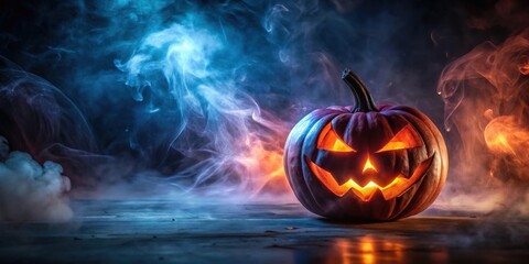 Eerie Illuminated Jack-o'-lantern in a Mystical Smoky Halloween Setting