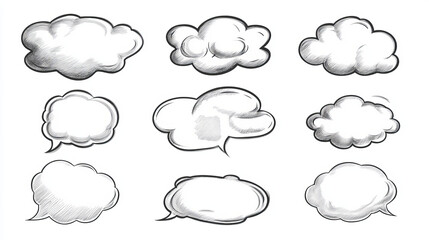 Fototapeta premium 3d render speech bubbles, isolated blank messages, communication and thought balloons. Dialogue and speak boxes, frames, design elements on white background, Illustration in cartoon. 3D Illustration