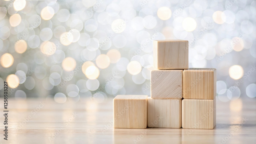Aufkleber Wooden blocks stacked on a table against a bokeh background