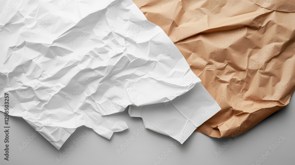Aufkleber folded blank paper sheets top view. vector realistic mockup of white and kraft paper with crossing c