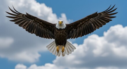 Naklejka premium Bald Eagle Flying Against a Cloudy Blue Sky with Wings Extended