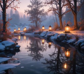 Frozen pond in the morning with soft light from lanterns , frosty surface, stillness, soft light