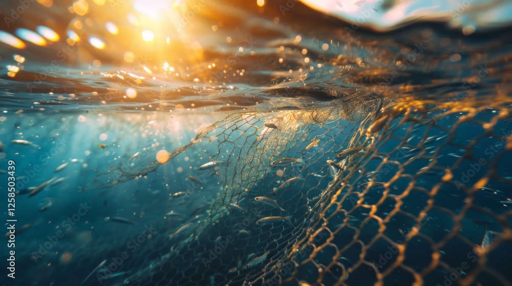 Poster Sunlight filters through the water as a group of small fish swims around a fishing net, creating a dynamic underwater scene in the sea during morning light.