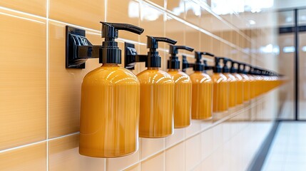 Modern restroom featuring neatly arranged amber liquid soap dispensers on a tiled wall designed for convenience and hygiene in a public space