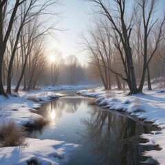 Frozen pond in the woods with a few bare willow trees surrounding it , woodland scene, bare branches