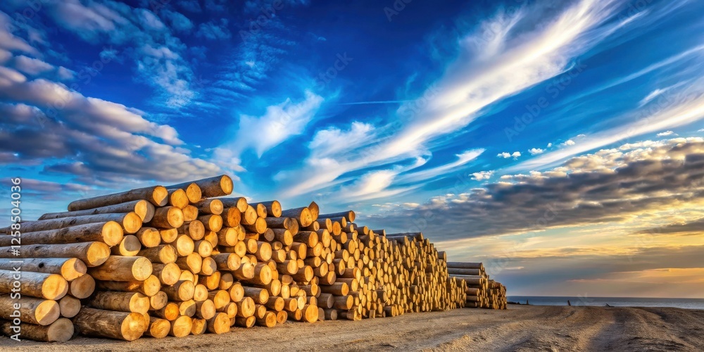 Poster a scenic sunset illuminates a massive stack of neatly arranged timber logs, resting near a calm ocea