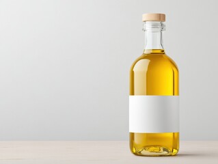 Olive oil bottle mockup. A glass bottle filled with yellow oil, featuring a wooden cap and a blank white label, sits on a light wooden surface.