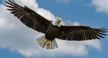 Naklejka premium Bald Eagle Soaring Gracefully Through a Partly Cloudy Blue Sky Day