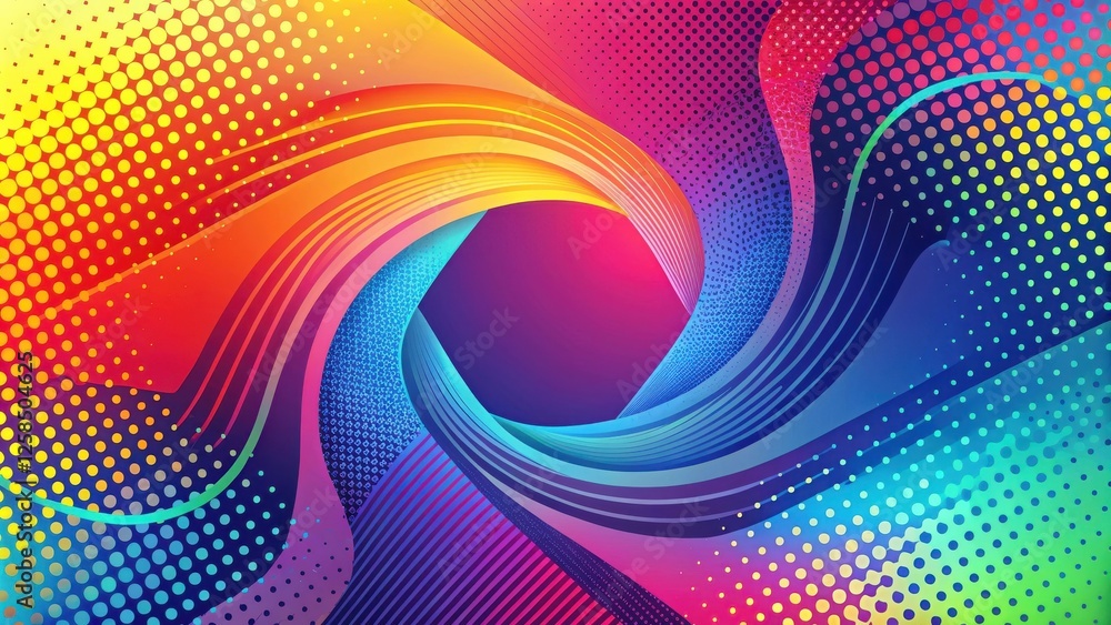 Poster abstract swirling vibrant hues with halftone dots and dynamic lines