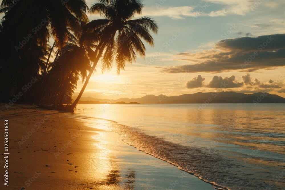 Poster sunset casts warm glow on tranquil beach with palm trees silhouetted along the shoreline. generative