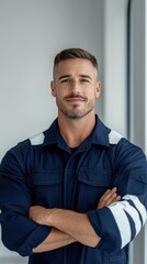 Fototapeta premium Portrait of a confident man in a work uniform with arms crossed, standing indoors in a modern setting during daylight