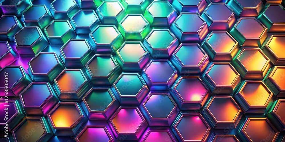 Poster abstract iridescent hexagonal pattern, vibrant colors, geometric design