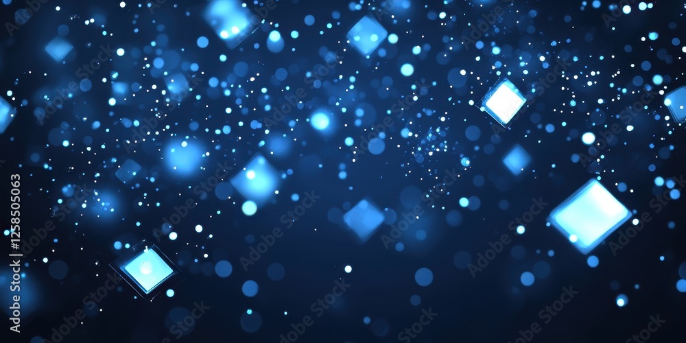 Poster luminous blue cubes and bokeh lights floating in a dark abyss