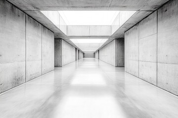 A photograph of an empty concrete corridor with symmetrical beams and soft lighting,