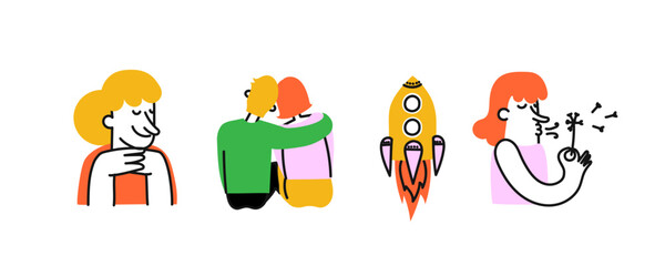 Groovy hipster 90s style stickers illustrations set. Collection of trendy retro doodle illustrations for the patches, stickers, labels, tags, stamps.