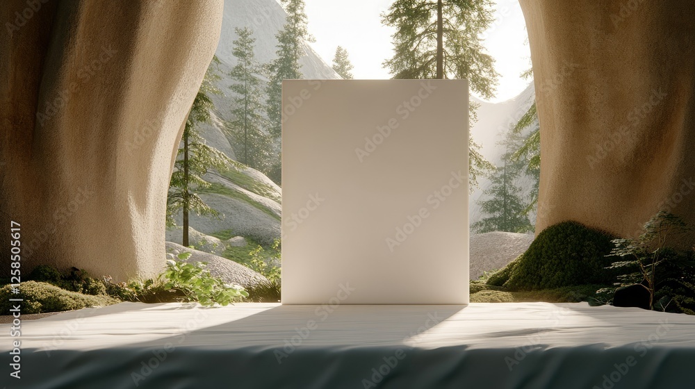 Poster abstract structure stands in serene natural setting surrounded by trees and mountains during dayligh