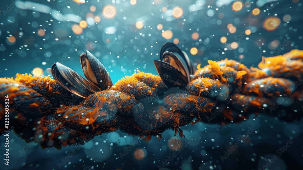 Poster a detailed underwater scene showcases barnacles and mussels attached to a submerged rope, surrounded