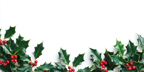 A festive holly border with vibrant green leaves and red berries, framing a white background for text or design.