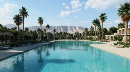 Fototapeta premium Serene Resort Pool Surrounded by Palm Trees and Scenic Mountains