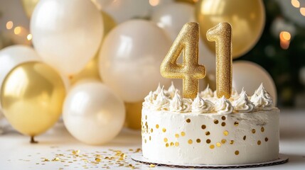 Elegant 41st Birthday Cake Celebration with Gold and White Decor