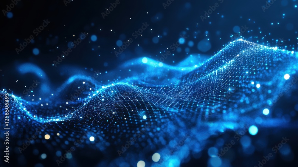 Poster luminous digital wave with connected network of glowing particles