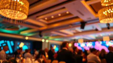 A high-resolution photograph of a corporate event reception, focusing on the detailed textures and warm golden lighting. The background subtly displays blurred attendees. The overall image should conv