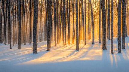 Sunlight filters through trees on a snow-covered landscape during winter in a serene park