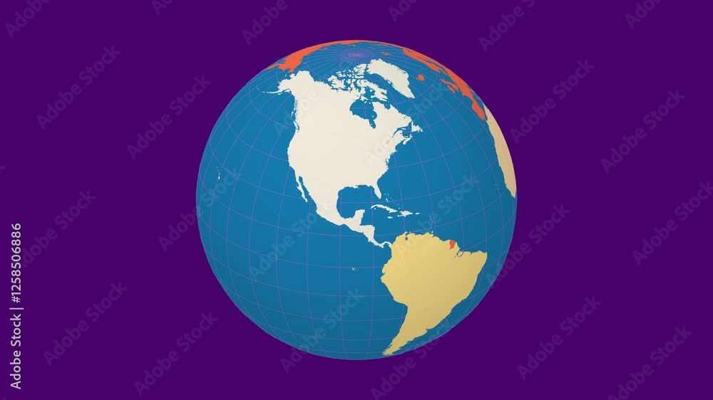 Poster spinning earth. slanted sphere view. fast speed planet rotation. colored continents style. world map