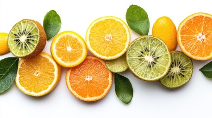 Obraz premium A vibrant arrangement of citrus fruits, including oranges, lemons, and limes, accompanied by green leaves, showcasing their colorful textures and freshness.