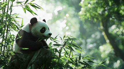 Obraz premium Tranquil Panda in Bamboo Forest: A Moment of Serenity