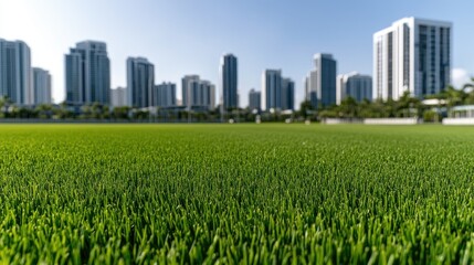 A vibrant green field offers a stunning view of the city skyline under the bright sun, showcasing the beauty of modern urban life