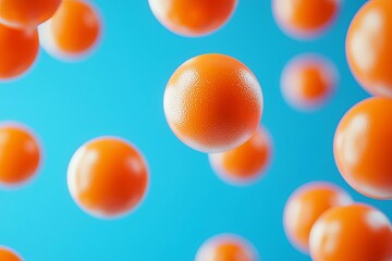 3D rendered illustration of falling orange balls against a contrasting blue background, with dynamic shadows and reflections.