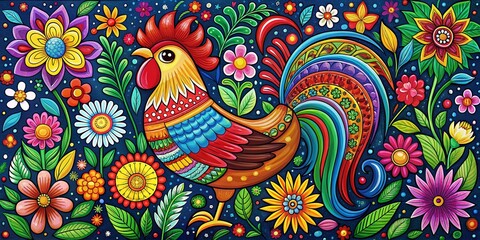 Naklejka premium Vibrant Mexican Folk Art Animal Painting - Colorful Rooster & Floral Design