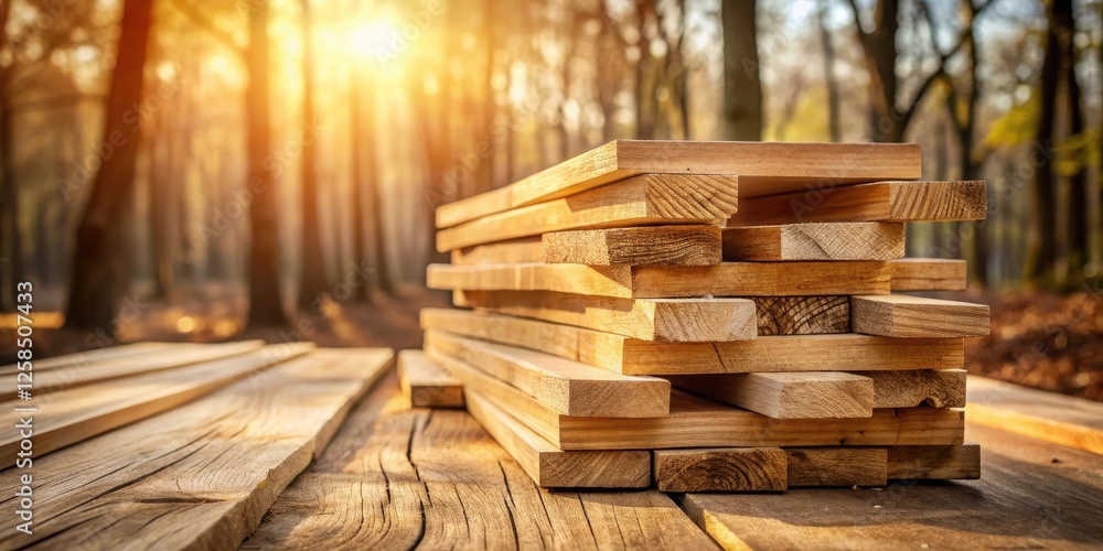 Aufkleber Golden Hour Lumber Stack in a Forest Setting