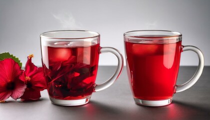 Cup of hot hibiscus tea (red sorrel) and the same cold drink. Generated image