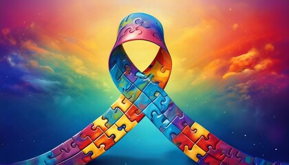 World autism awareness day background. Rainbow colored ribbon jigsaw symbol of autism disorder
