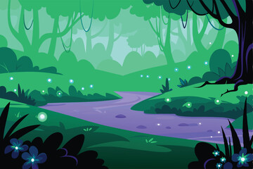 Ethereal valley bathed in twilight, bioluminescent purple river winding through lush flora.  Hyperrealistic, fantasy landscape.