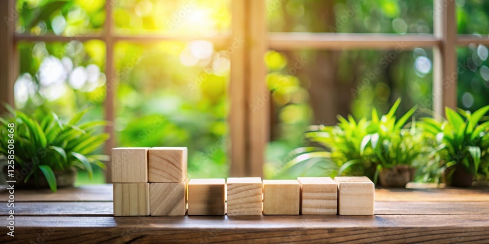 Aufkleber wooden blocks arranged in ascending order on a table near plants and a window