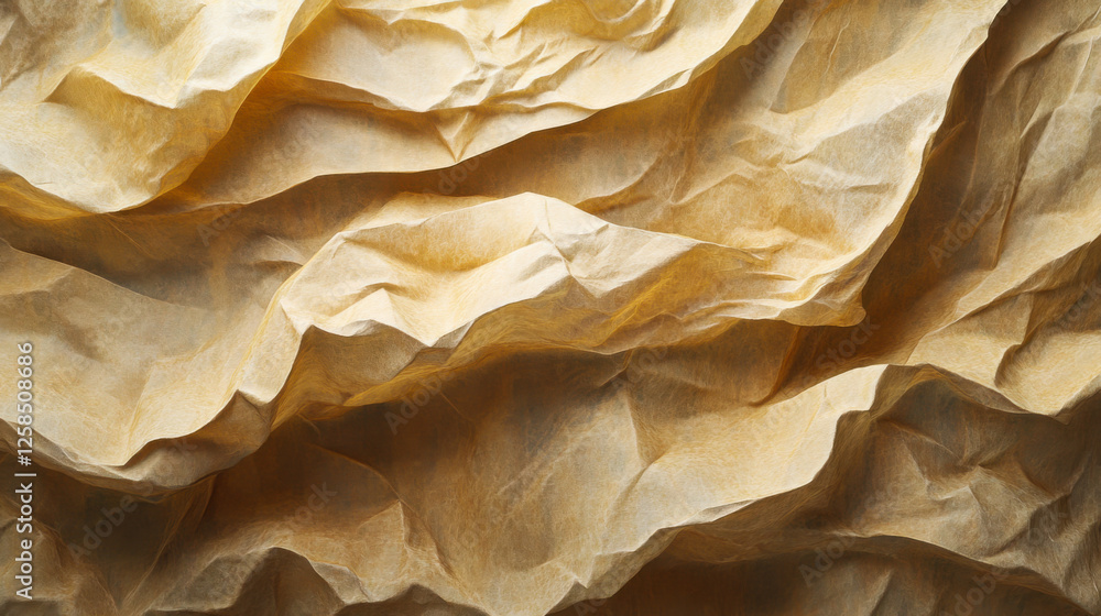 Poster textured paper with intricate folds and warm tones showcased in a close-up setting