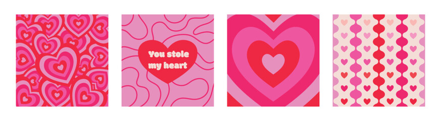 Trendy groovy romantic set backgrounds in style retro. Happy Valentine's Day greeting card design. Vector illustration, perfect for fabric, wrapping paper, wallpaper, and fashion prints
