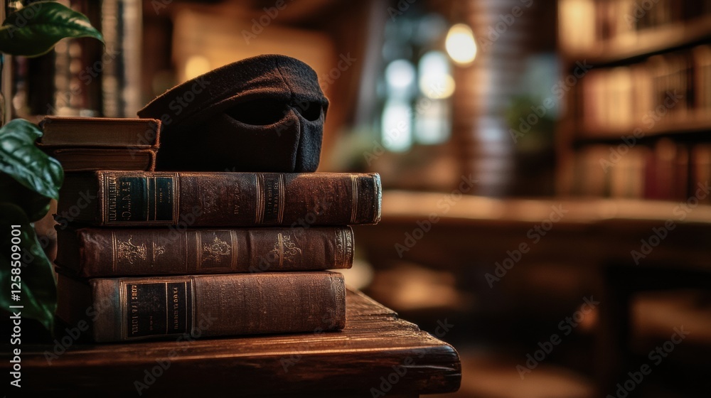 Poster Rustic wooden shelf displays a stack of vintage books with a cozy atmosphere inviting reading and reflection. Generative AI