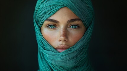 Naklejka premium A captivating portrait of a woman draped in a flowing green scarf, her piercing blue eyes gazing intensely. The rich fabric wraps around her face, highlighting her flawless skin and delicate features