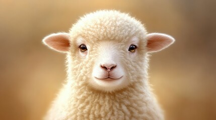 Naklejka premium Soft and fluffy young lamb gazes curiously in a warm, golden field during a sunny afternoon in springtime