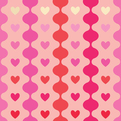 Seamless romantic pattern in a 60s and 70s style featuring hearts. Minimalist geometric vector design in shades of red and pink