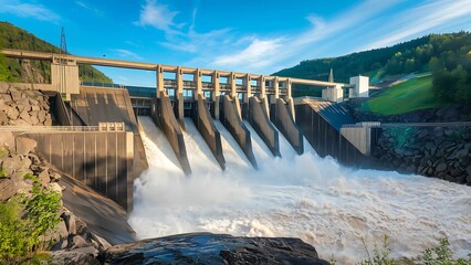 Hydroelectric dam releasing water, featuring multiple sluice gates.