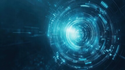 Obraz premium Futuristic digital abstract background showcasing a glowing circular pattern with blue tones, perfect for tech and science designs.