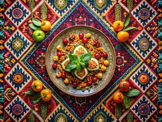 Vibrant Persian Rug Background with Gourmet Food Photography