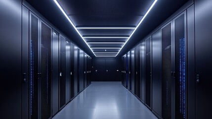 Fototapeta premium server rack in a data center,Internet, server, computer room, technology, data,Abstract futuristic blue glowing data center, dark background. Large server room with modern minimalist design.
